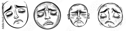A modern cartoon face suspecting emoji is depicted with a sullen expression, characterized by closed eyes and a closed mouth, conveying doubt and isolated on a white background