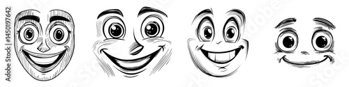 A modern cartoon face icon is depicted with a wide smile, showcasing a funny and stupid creature with a happy emotion, characterized by a toothy smiling mouth and round eyes
