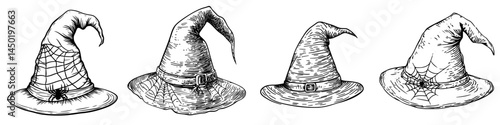 A modern cartoon witch hat icon is depicted as a brown magician's headwear with frayed brims, adorned with a gold buckle and a spider perched on its web