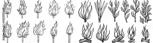 The modern set includes cartoon fire flames, fireball flame, red hot fire, and silhouettes of campfire flames