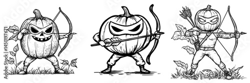 A cartoon pumpkin fairytale hero is depicted as a modern icon, symbolizing a funny vegetable in a cloak and mask wielding a bow, reminiscent of a fairy tale robin hood character who represents