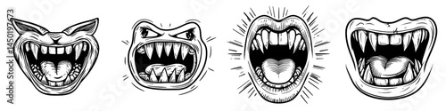 A smiling monster with sharp fangs and modern vampire jaws, alongside a cartoonish scary mouth with long pointed teeth, depicting a laughing alien or beast on a white background