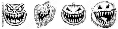 The modern icon of a malevolent Halloween pumpkin face is a scary evil emoji characterized by a toothy smile and creepy squinted eyes, symbolizing a ghost or jack lantern as an isolated monochrome