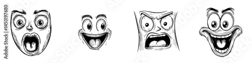 A modern cartoon face icon depicting a surprised or shocked funny emoji with an astonished facial expression, characterized by wide open or goggle eyes and an open yelling mouth, isolated on a white