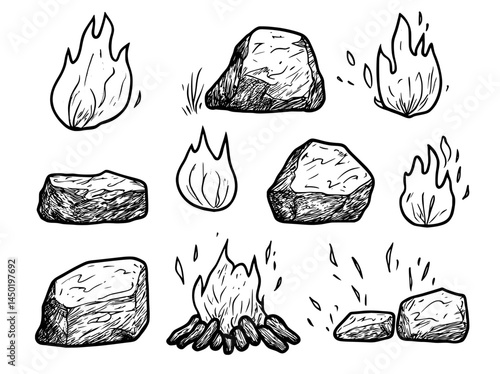 A bonfire with hot charcoal pieces is depicted in a cartoon, ready for a barbecue, alongside a pile of wood coal and flames for grilling or BBQ, and red hot coals for a modern oven set