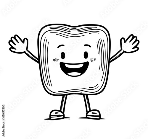A cartoon character depicting a happy human tooth with a comical personality is shown smiling and waving its hands, representing good oral health in a modern and isolated setting