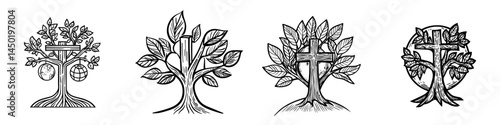 The modern icon of Christianity features a tree growing in a crucifix alongside an Earth globe, symbolizing the Christian faith