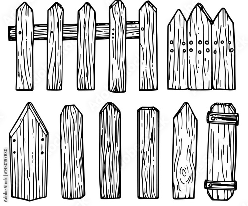 Modern cartoon sets for gardens or farms typically include wooden palisades, gates, balustrades, and fencing sections with decorative elements