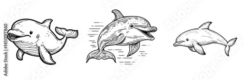 A cartoon dolphin, a sea animal with a modern and smooth blue skin, is isolated in the ocean surrounded by fish