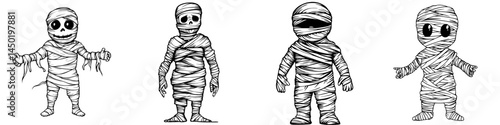 A spooky cartoon mummy character for Halloween, depicted as a modern bandaged monster, is an eerie personage often used as a costume for kids' parties, representing a horror version of an Egyptian