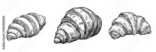 The buttery croissant is a continental breakfast food that can be depicted as an isolated sketch of a French crescent roll, bun pastry bread