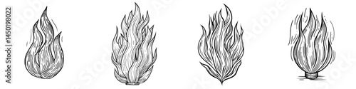 A modern icon of isolated red fire, symbolized by a campfire, torch flame, or blazing bonfire, is represented with glowing shine and long tongues of flame, evoking cartoon imagery of ignition and