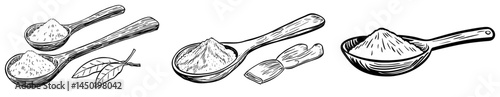 Modern pastry food and bakery powder are represented by isolated cooking bread ingredients including flour, sugar, or soda in a scoop sketch