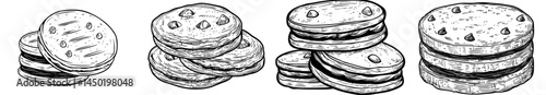 Modern pastry food and crispy snack consisting of double biscuits with chocolate isolated cookies sketch