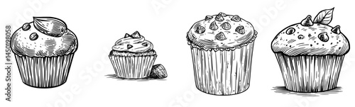 A sketch of isolated pastry food featuring a muffin with either raisins or chocolate, along with modern cupcakes and cake desserts from a bakery