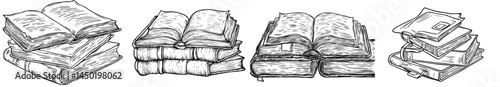 A sketch of an isolated pile of books and an open textbook, featuring modern literature in hardcover and a stack of dictionaries