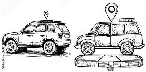 A car share service, carpool, cars, and location sign isolated color linear icon represents modern ride-sharing and lift-sharing with multiple drive and share services