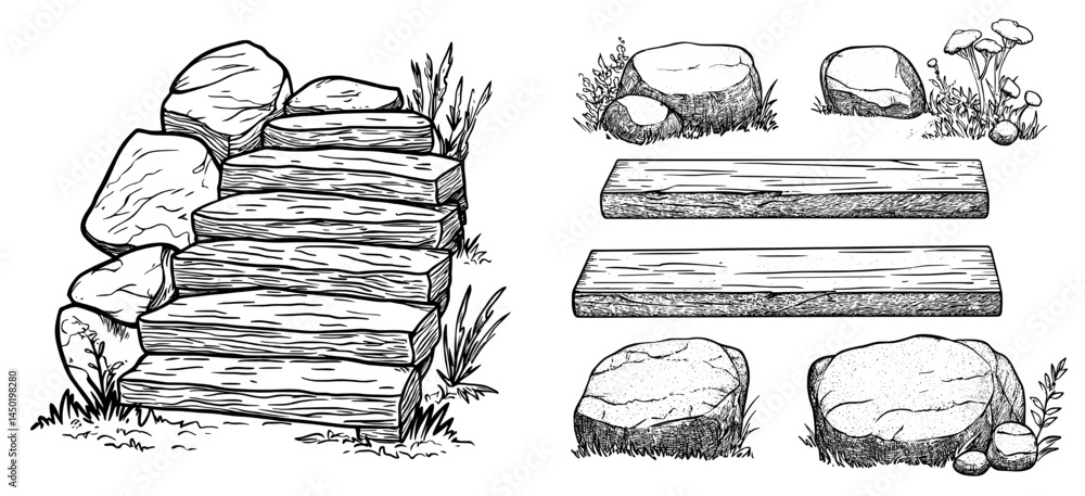 A cartoon depiction of isolated wooden and stone castle stairs is presented, including staircase and stairway elements, featuring modern and antique ladder flights without railings