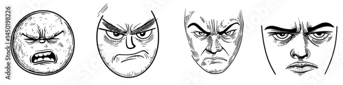 A modern cartoon face emoji is shown with a suspicious expression, characterized by sullen eyes and a closed mouth, symbolizing doubt and funny feelings on a white background