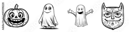 The modern icon of a malevolent Halloween monster is characterized by a pumpkin face, accompanied by a scary evil emoji that boasts a toothy smile and creepy squinted eyes, evoking the isolated