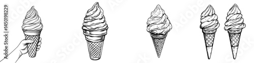 Depict ice cream in a waffle cone, a contemporary sweet and creamy swirl in a conical cup, a dairy-based dessert, with options including fruit or yogurt ice cream, a frozen summer treat isolated on a
