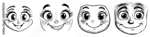 A cartoon face with a big smile and large eyes, depicted as a solitary modern emoji, showcases a delighted and amused kawaii character with a funny personality