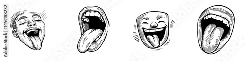 A cartoon face displaying a pink tongue, representing a modern teasing or sour taste facial expression, is depicted as a funny emoji, symbolizing a naughty character or disgusting emotion isolated on