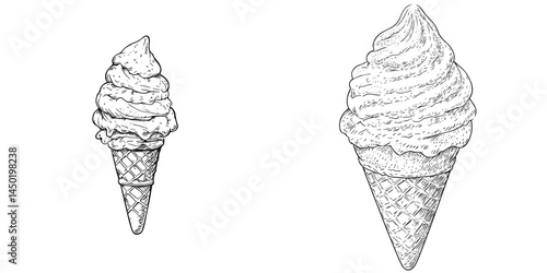 Envision a conical cup holding a waffle cone ice cream, a sweet and creamy summer dessert, made from dairy, fruit, or yogurt, and presented as an isolated frozen food product set against a clean