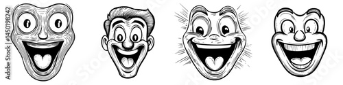 A cartoon happy face is represented by a modern wide delighted smile facial emoji, depicting a funny creature