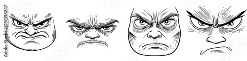 The cartoon face displays a negative expression, characterized by a modern displeased emoji with squinted eyes and a closed mouth, whose corners are curved downward in a sullen manner, embodying the