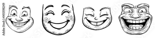 A cheerful cartoon face is depicted with a modern and wide smile, showcasing a glad and happy facial emoji, representing a funny and joyful emotion through its comic features