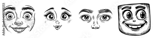 A delighted modern smile of a funny creature is depicted in an isolated cartoon face with a hypnotized expression, showcasing happy emotion through a toothy grin and comically exaggerated features