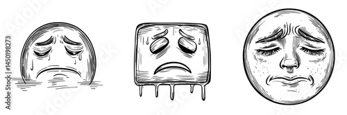 The modern emoji of a sad face cartoon, epitomizing sorrow, dissatisfaction, or distress, is characterized by a facial expression of pain, pathetic eyes, and a curved mouth that is closed, all
