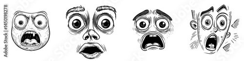 Astonished modern character depicted as a cartoon with a wow face, conveying a funny surprised or shocked emoji, and a dumbfounded facial expression