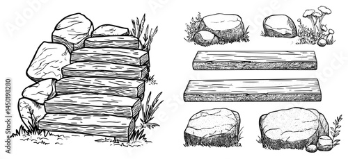 A cartoon depiction of isolated wooden and stone castle stairs is presented, including staircase and stairway elements, featuring modern and antique ladder flights without railings