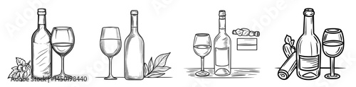 Modern winery product, a merlot semi sweet alcohol drink, is represented by a glass bottle, burgundy beverage, and goblet in an isolated outline icon of a drink of wine and glass