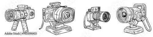 A vintage film projector stands alone, accompanied by a retro camera, reels, and a thin line icon, symbolizing modern and vintage motion pictures, as well as cinematography and film making