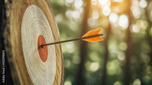 Arrow hitting bullseye on wooden archery target in forest with blurred green background