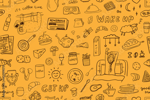 Seamless pattern of wake up theme. Good morning, get up, sun, alarm clock, sloth, cup of coffee, breakfast, the girl woke up, breakfast, Viennese waffles, tea, milk, biscuits. Hand drawn