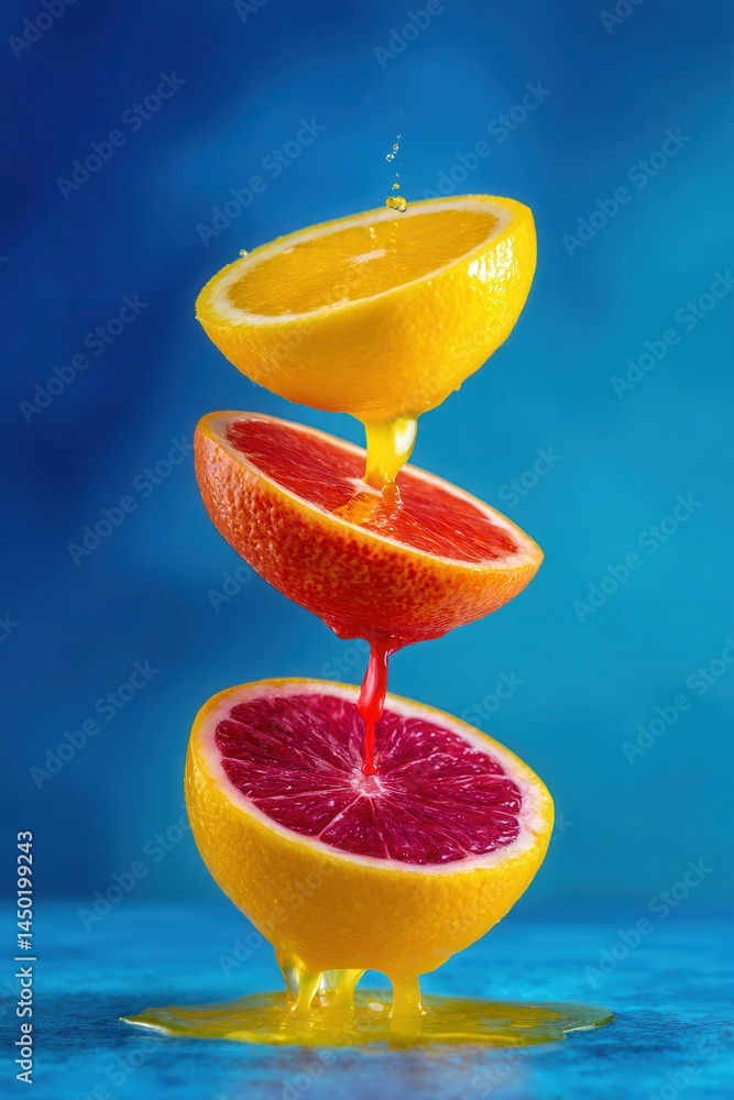 Citrus fruits stacked with dripping vibrant juices