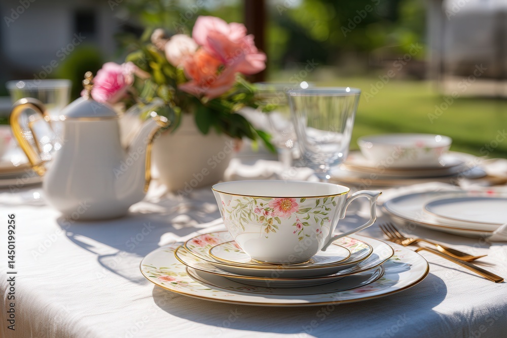 Elegant tea set with floral designs on a sunlit garden table, evoking a serene outdoor setting. Elegant tea set with floral designs on a sunlit garden table, evoking a serene outdoor setting.