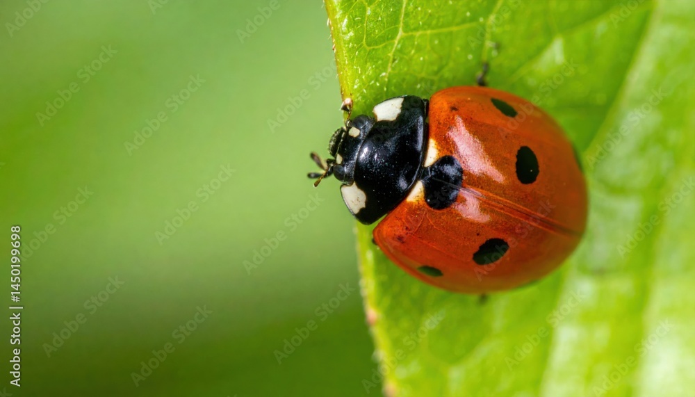 Fototapeta premium Ladybug on green leaf nature macro photography close-up view vibrant environment wildlife observation