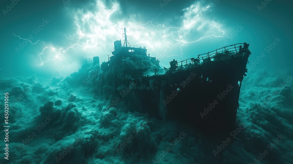 Fototapeta premium Sunken ship in stormy underwater depths
