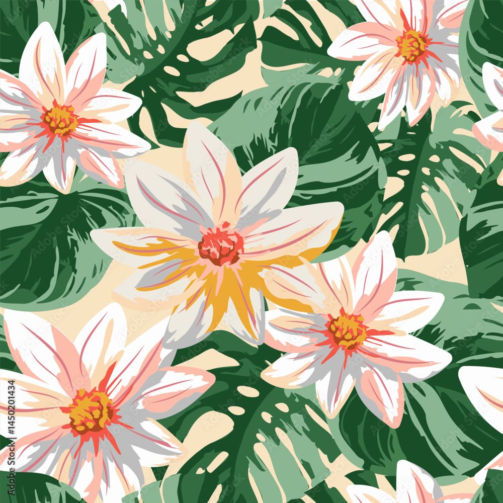 Fototapeta premium Seamless Tropical Floral Pattern with White and Pink Exotic Flowers and Green Monstera Leaves on Beige Background. Summer Jungle Design for Textile, Wallpaper, and Fabric.