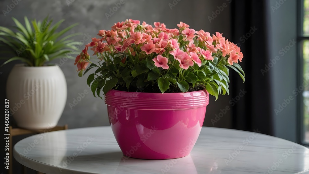 a vibrant close-up shot of a potted plant with blooming coral flowers in a pink pot, set indoors a vibrant close-up shot of a potted plant with blooming coral flowers in a pink pot, set indoors
