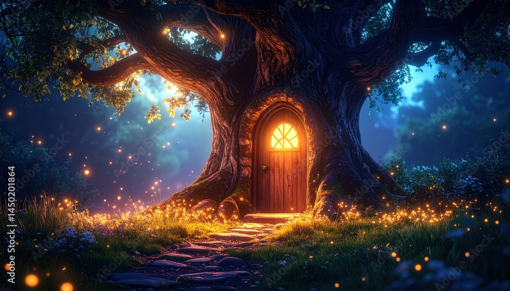 Fototapeta premium Enchanted forest doorway mystical glen fantasy art magical environment dreamy perspective adventure concept