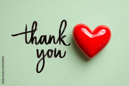 A heartfelt thank you message displayed with a shiny red heart on a clean pastel green background
