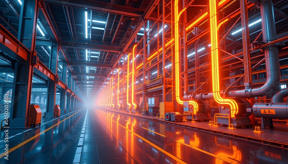 Fototapeta premium bright futuristic factory with ai data overlays, copy space