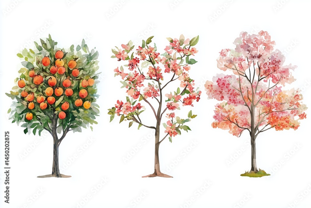 Obraz premium Assortment of watercolor fruit trees in blossom, isolated on white background, elements for spring garden scenes