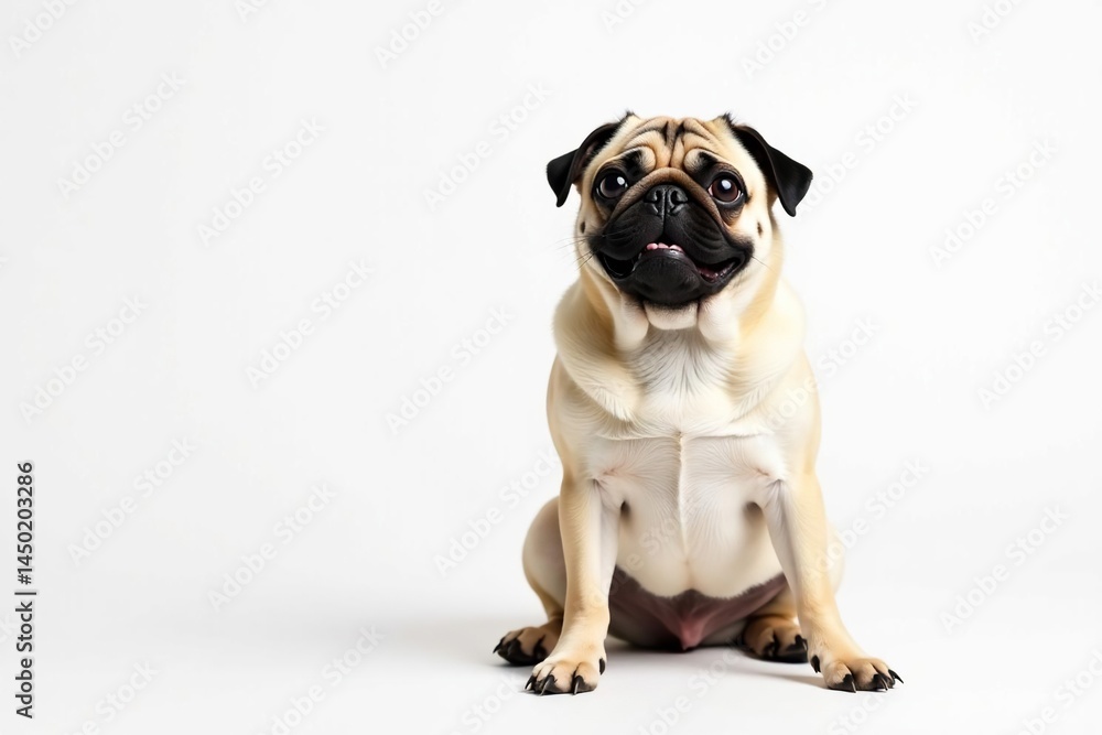 Fototapeta premium Adorable pug dog sitting, isolated on white background, animal photography, white, brown